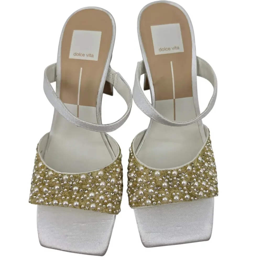 NWOT Dolce Vita White & Gold Nasia Rhinestone Pearl Slip On Sandal Heel Size 9.5